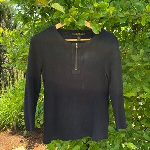 Lauren Ralph Lauren Black Ribbed Half-Zip Long Sleeve Top with Gold Zipper